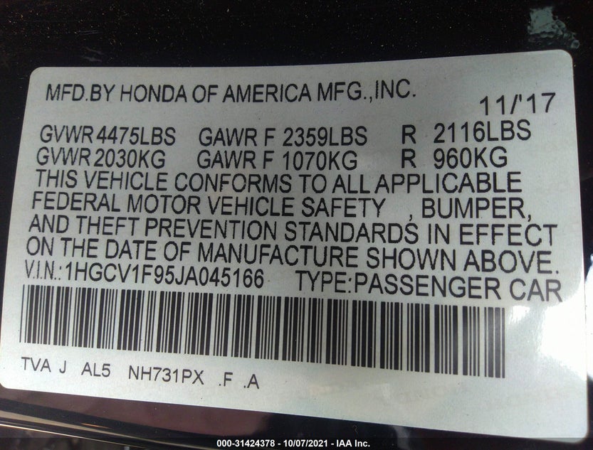 1HGCV1F95JA045166