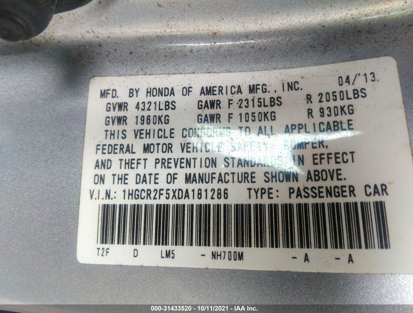 1HGCR2F5XDA181286