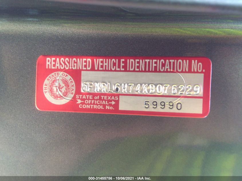 2019 Honda Odyssey Ex-L VIN: 5FNRL6H74KB076229 Lot: 31455756