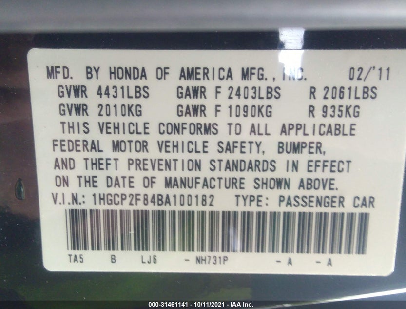 1HGCP2F84BA100182