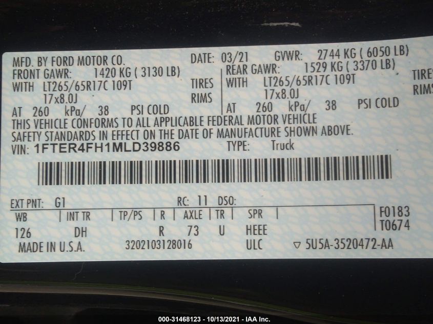 2021 Ford Ranger Lariat VIN: 1FTER4FH1MLD39886 Lot: 31468123