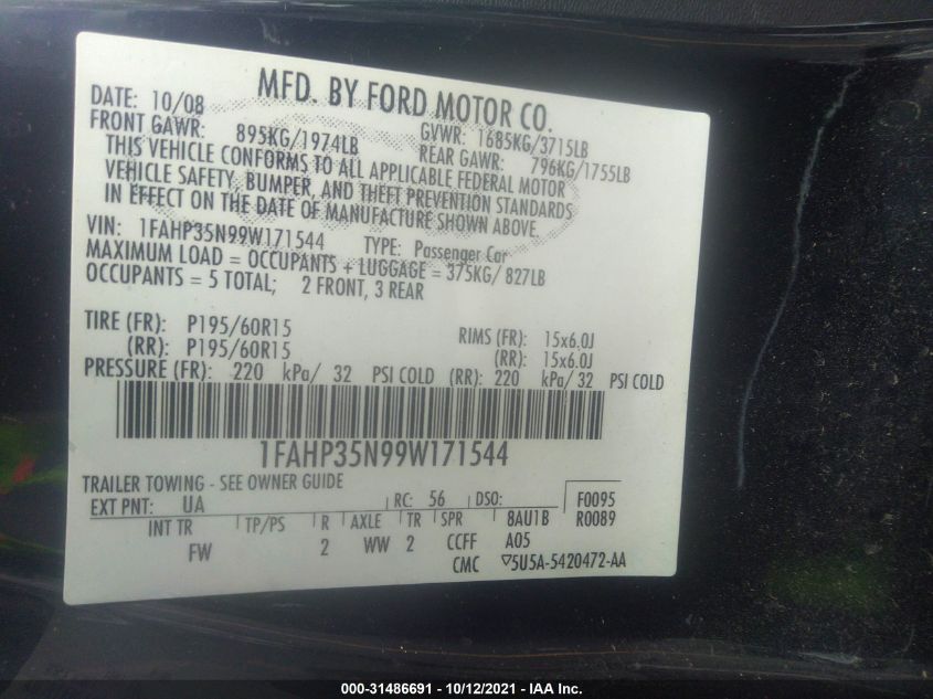 1FAHP35N99W171544 2009 Ford Focus Se