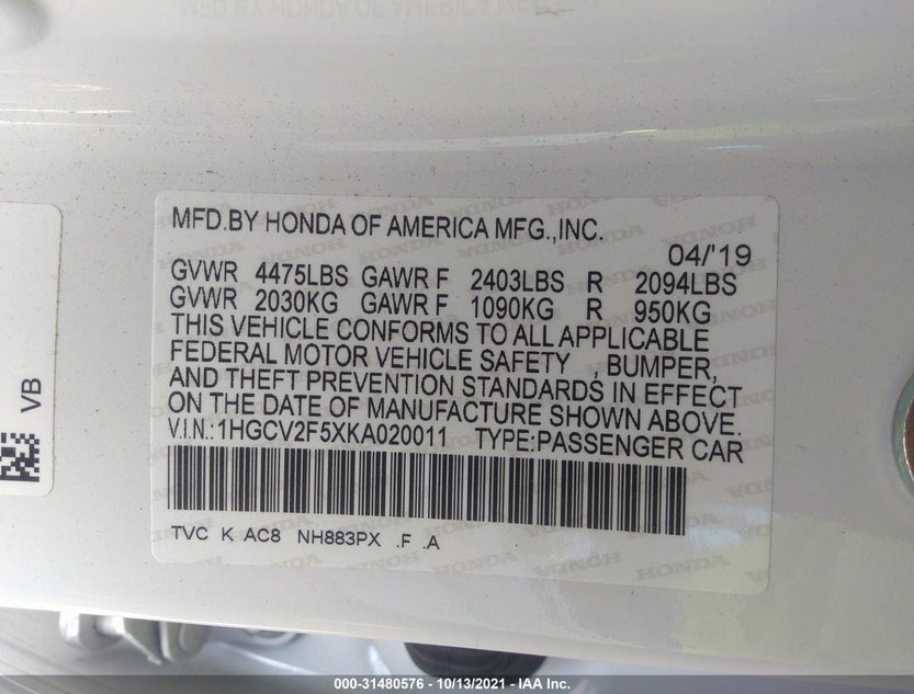1HGCV2F5XKA020011
