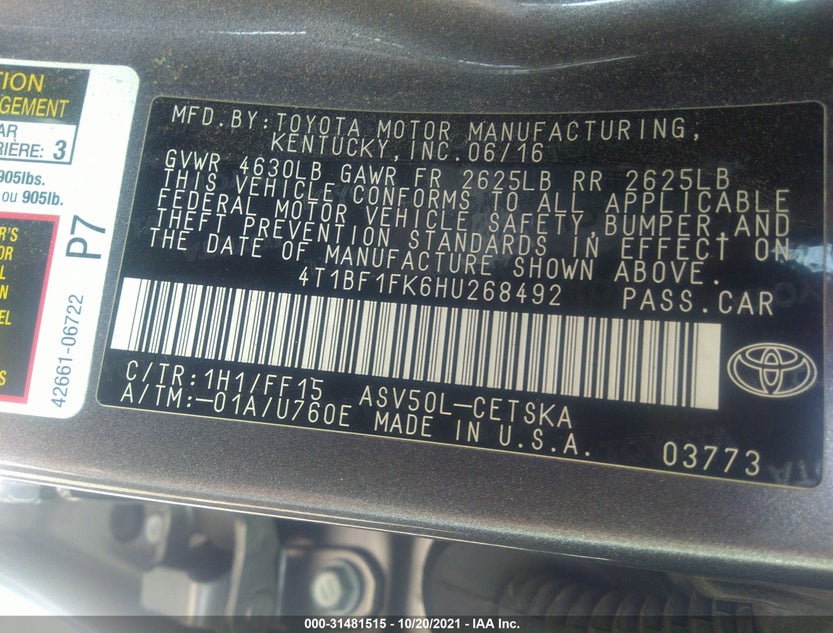 4T1BF1FK6HU268492
