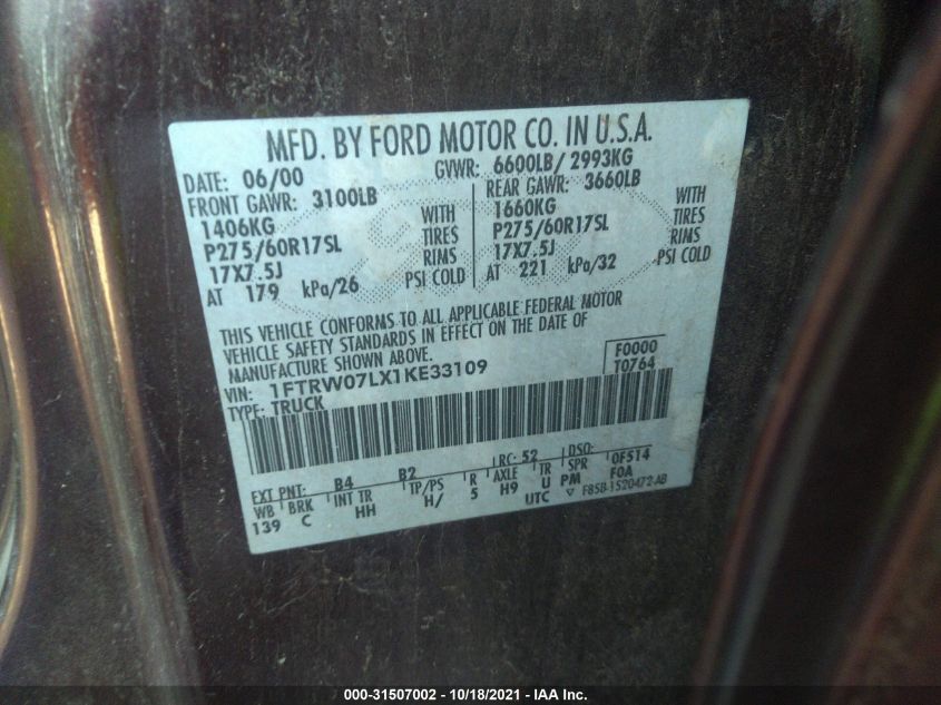 2001 Ford F-150 Supercrew Xlt/Harley-Davidson/Lariat/King Ranch VIN: 1FTRW07LX1KE33109 Lot: 31507002