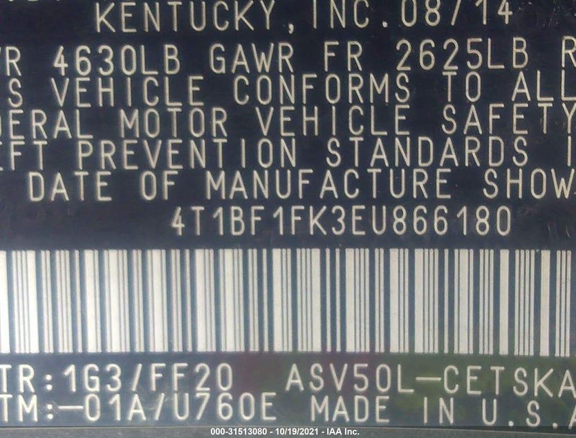 4T1BF1FK3EU866180