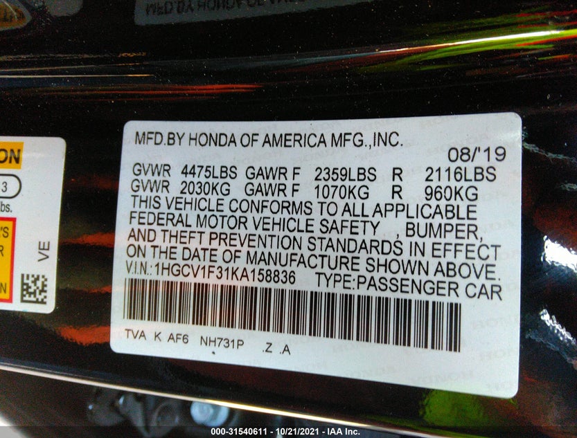 1HGCV1F31KA158836