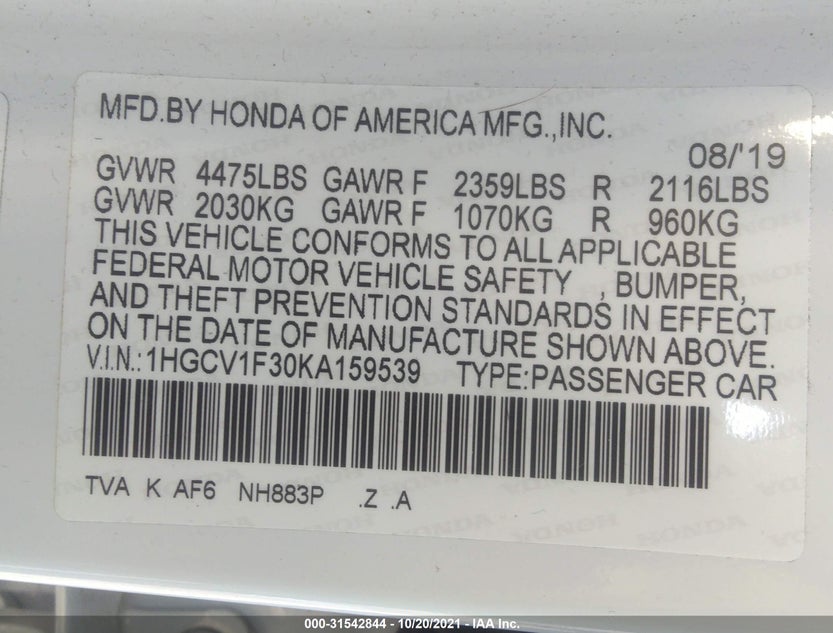 1HGCV1F30KA159539