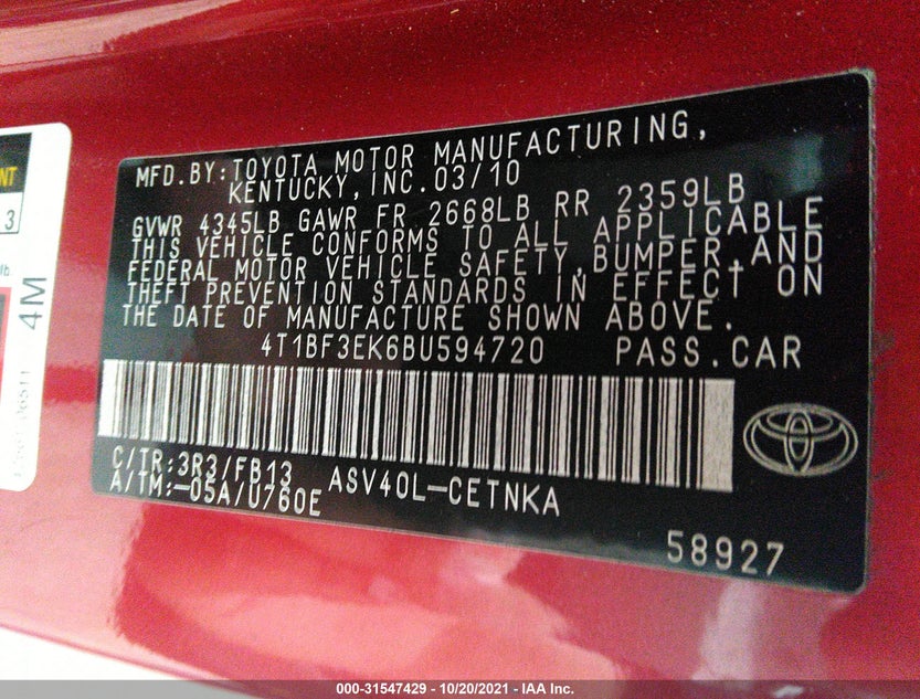 4T1BF3EK6BU594720
