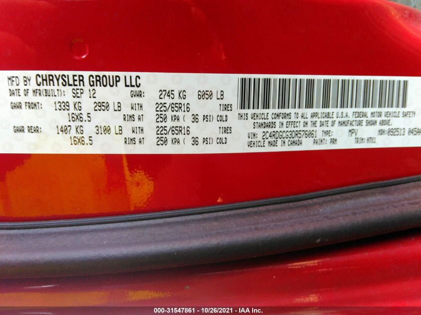 2013 Dodge Grand Caravan Sxt VIN: 2C4RDGCG3DR576061 Lot: 31547861