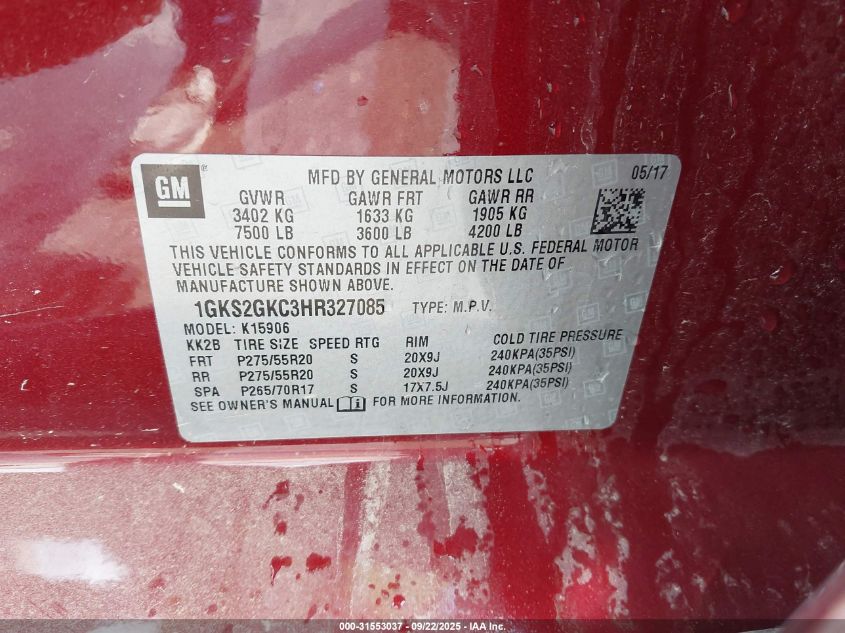 2017 GMC Yukon Xl Slt VIN: 1GKS2GKC3HR327085 Lot: 31553037