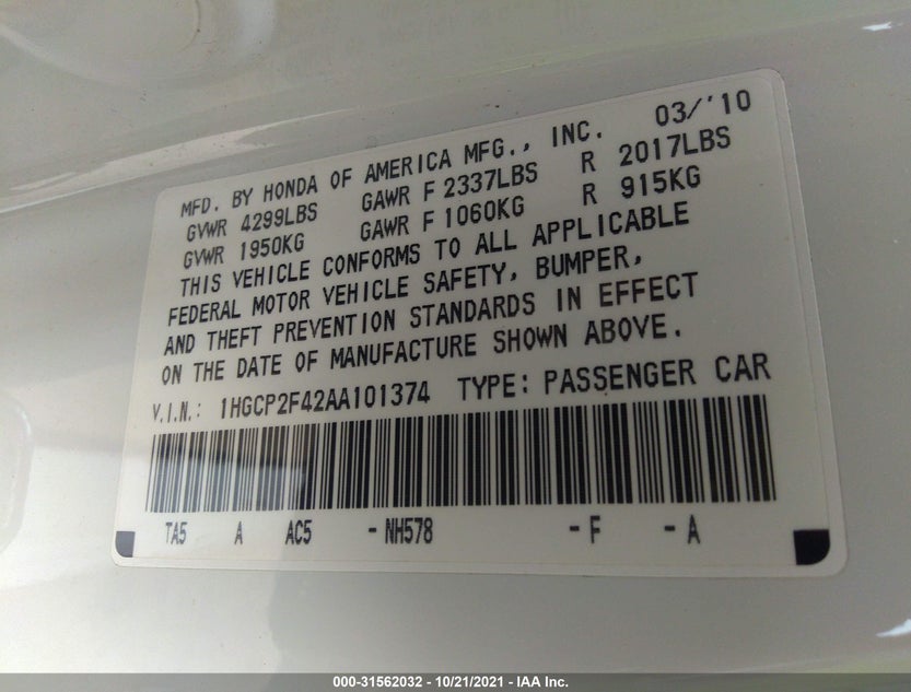 1HGCP2F42AA101374