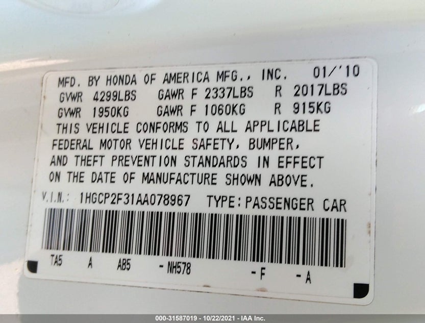 1HGCP2F31AA078967