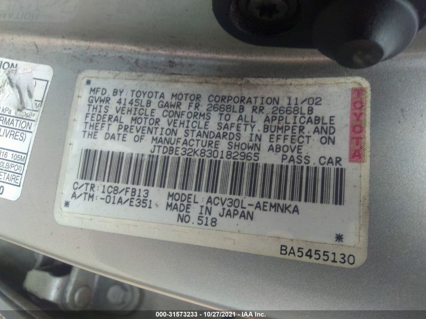 JTDBE32K830182965 2003 Toyota Camry Xle/Le/Se