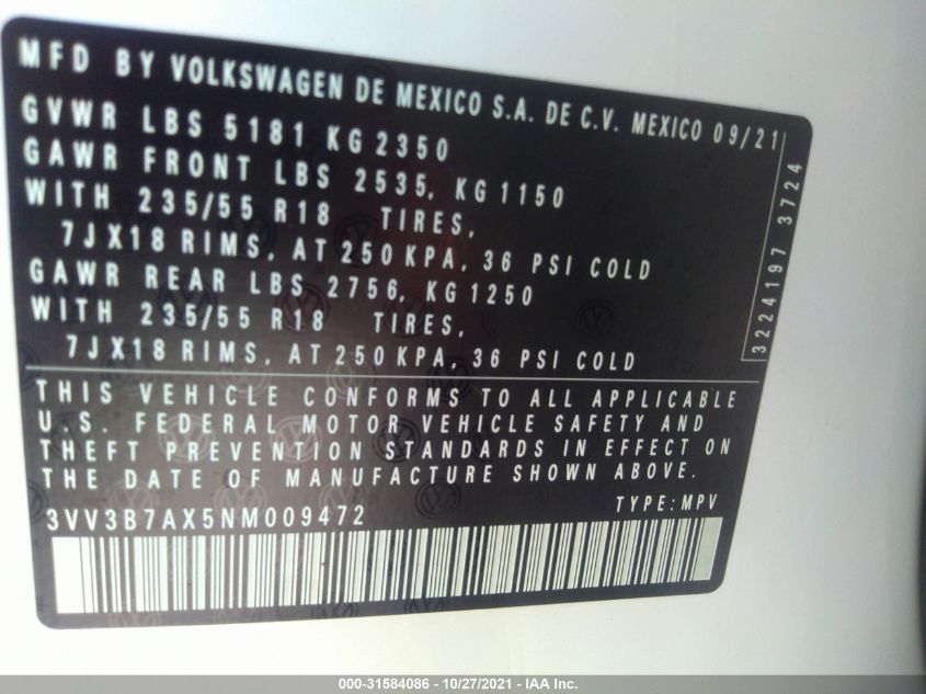 3VV3B7AX5NM009472 2022 Volkswagen Tiguan 2.0T Se