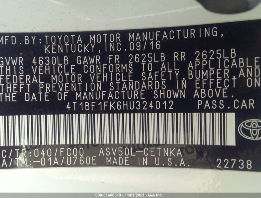 4T1BF1FK6HU324012