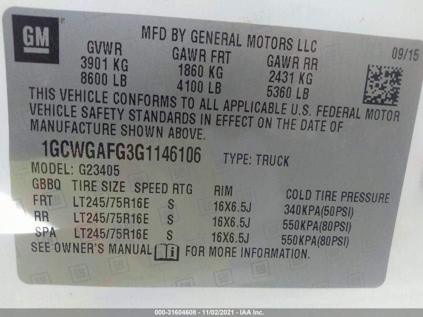 1GCWGAFG3G1146106 2016 Chevrolet Express 2500 Work Van