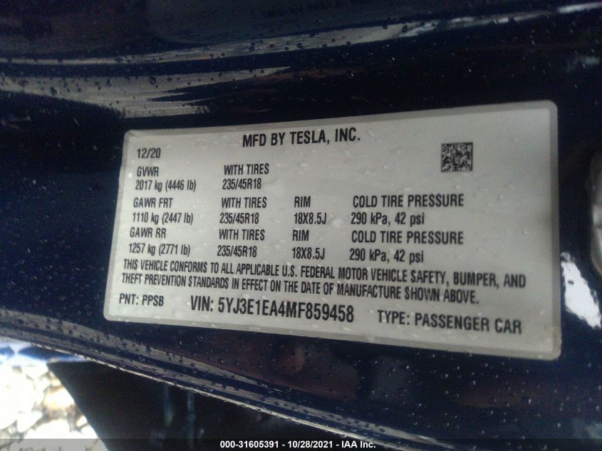 2021 Tesla Model 3 Standard Range Plus Rear-Wheel Drive VIN: 5YJ3E1EA4MF859458 Lot: 31605391