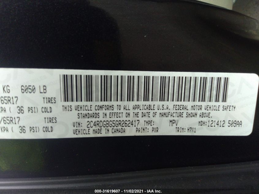 2016 Dodge Grand Caravan Se VIN: 2C4RDGBG5GR262417 Lot: 31619607