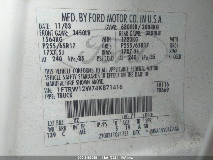 2004 Ford F-150 Xlt VIN: 1FTRW12W74KB71416 Lot: 31630581