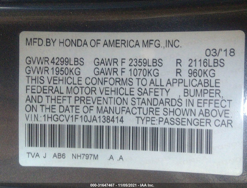 1HGCV1F10JA138414