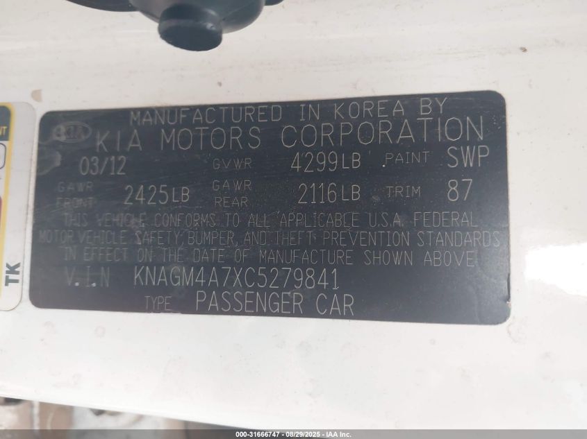 2012 Kia Optima Lx VIN: KNAGM4A7XC5279841 Lot: 31666747