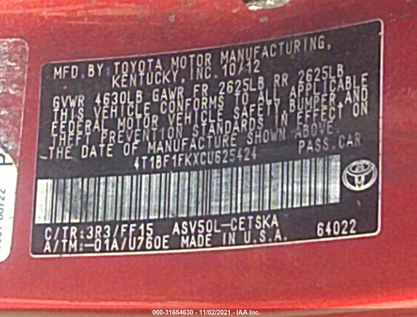 4T1BF1FKXCU625424
