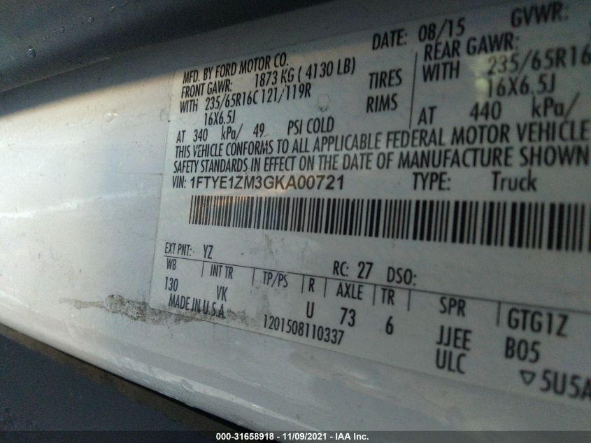 2016 Ford Transit-150 VIN: 1FTYE1ZM3GKA00721 Lot: 31658918
