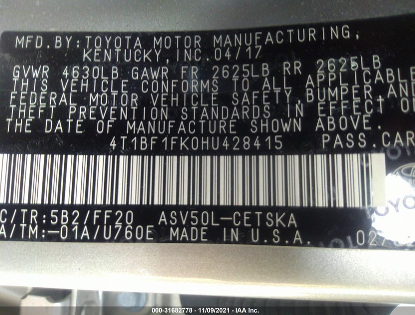 4T1BF1FK0HU428415
