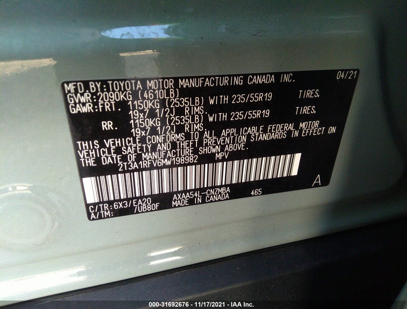 2T3A1RFV6MW198982
