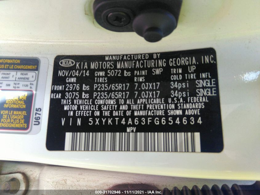 5XYKT4A63FG654634 2015 Kia Sorento Lx