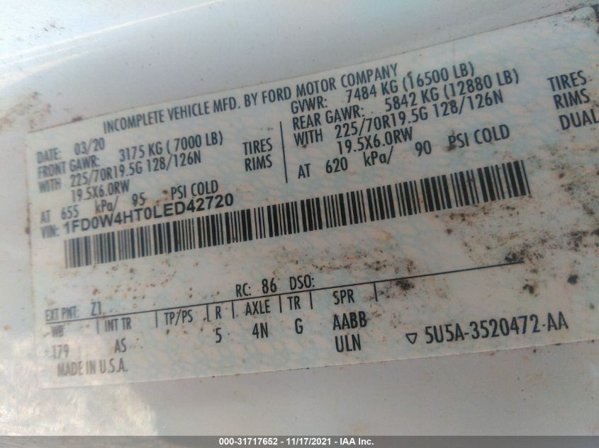 2020 Ford F-450 Chassis Xl VIN: 1FD0W4HT0LED42720 Lot: 31717652