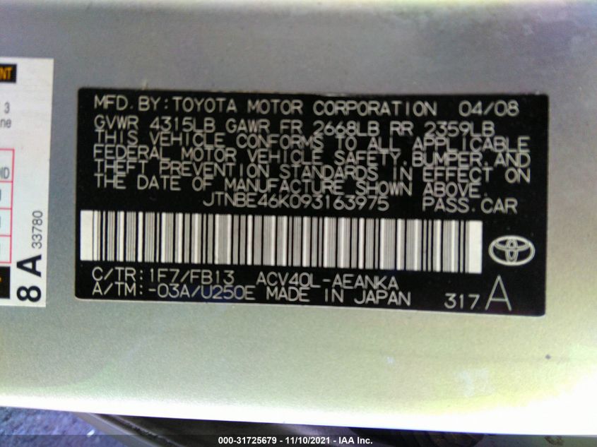 JTNBE46K093163975 2009 Toyota Camry Le