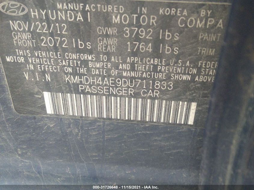 2013 Hyundai Elantra Gls (Ulsan Plant) VIN: KMHDH4AE9DU711833 Lot: 31726648