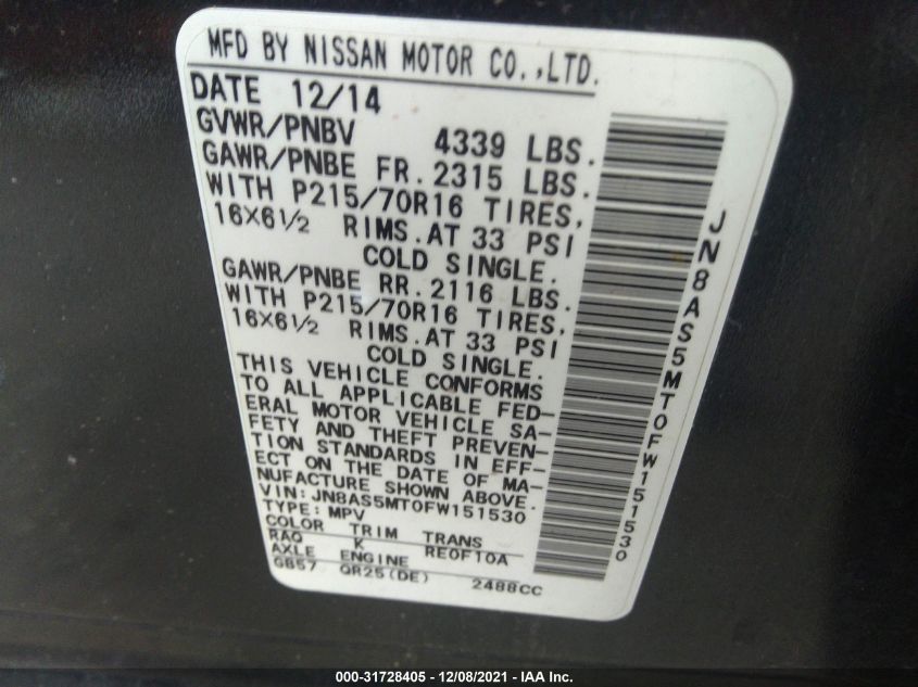 JN8AS5MT0FW151530 2015 Nissan Rogue Select S