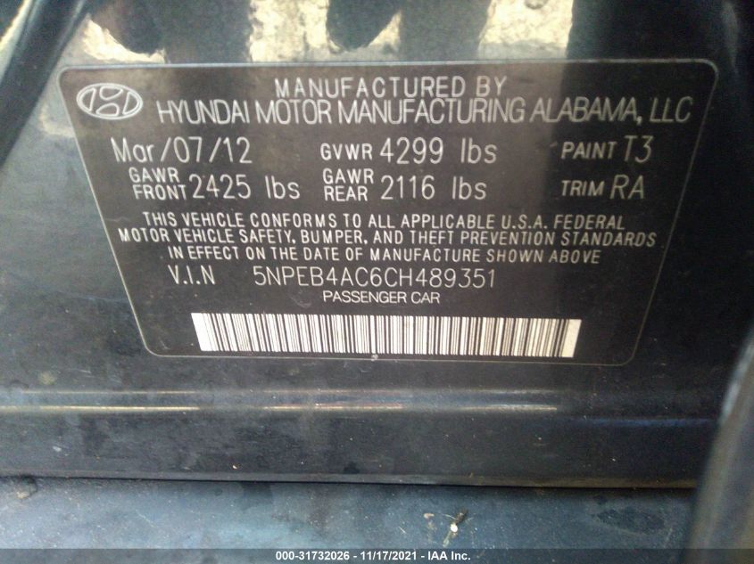 5NPEB4AC6CH489351 2012 Hyundai Sonata Gls