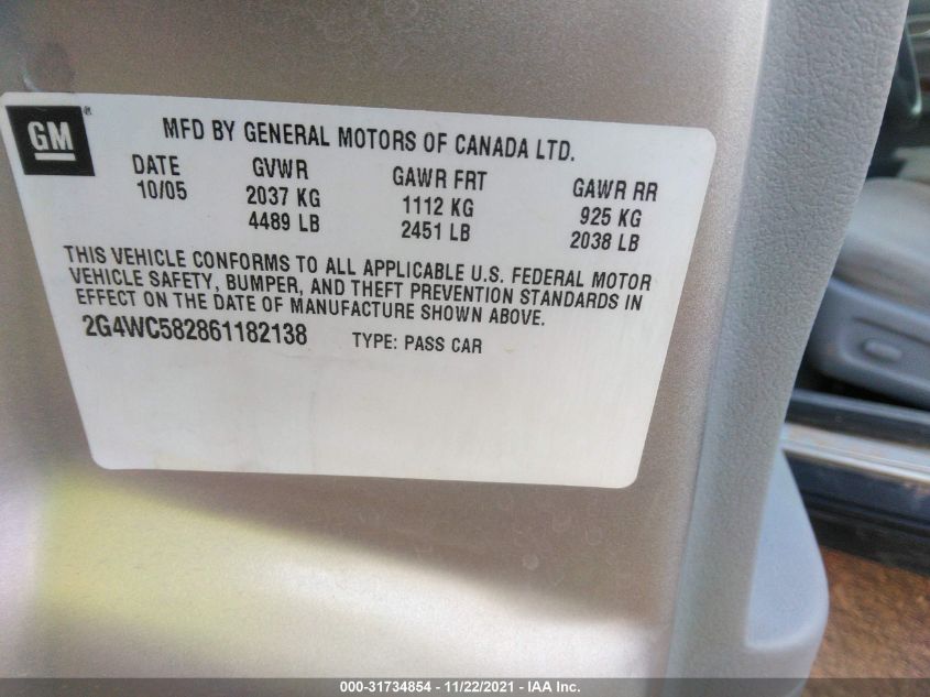 2006 Buick Lacrosse Cx VIN: 2G4WC582861182138 Lot: 31734854