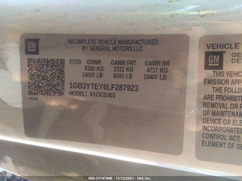 2020 Chevrolet Silverado 3500Hd Chassis Lt VIN: 1GB3YTEY6LF287923 Lot: 31747946