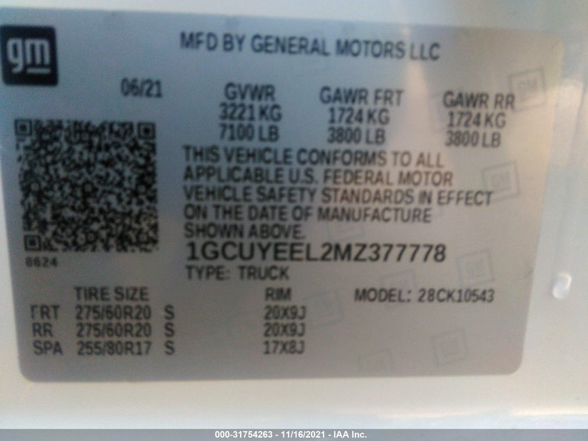 2021 Chevrolet Silverado 1500 4Wd Short Bed Rst VIN: 1GCUYEEL2MZ377778 Lot: 31754263