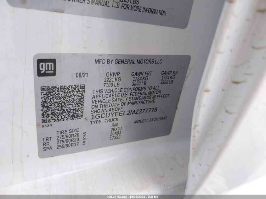 2021 Chevrolet Silverado 1500 4Wd Short Bed Rst VIN: 1GCUYEEL2MZ377778 Lot: 31754263