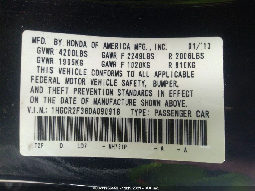 1HGCR2F36DA090918 2013 Honda Accord Lx