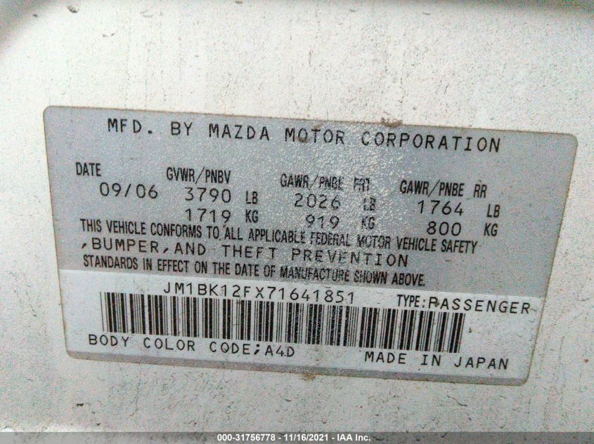 JM1BK12FX71641851 2007 Mazda Mazda3