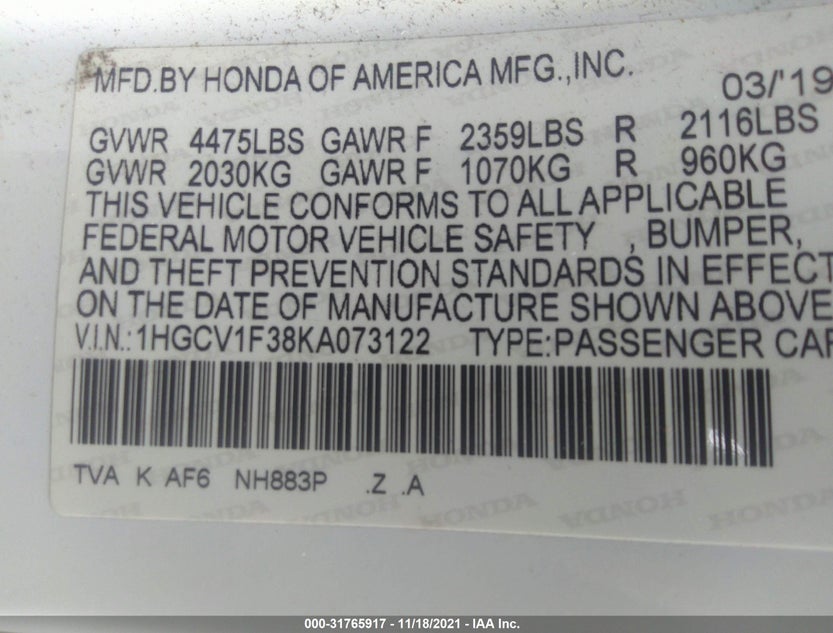 1HGCV1F38KA073122