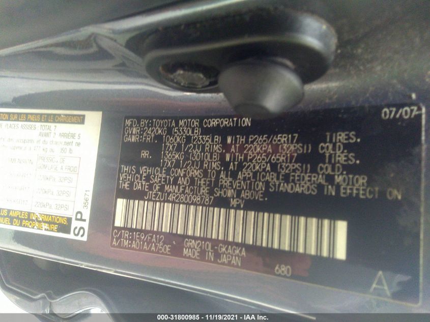 2008 Toyota 4Runner Sr5/Sport VIN: JTEZU14R280098787 Lot: 31800985