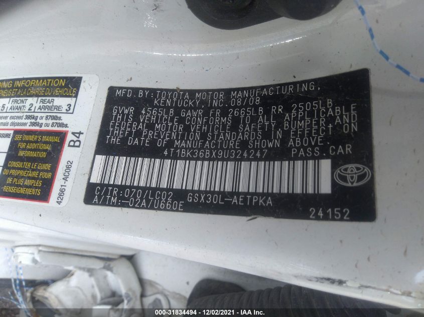 2009 Toyota Avalon Limited VIN: 4T1BK36BX9U324247 Lot: 31834494