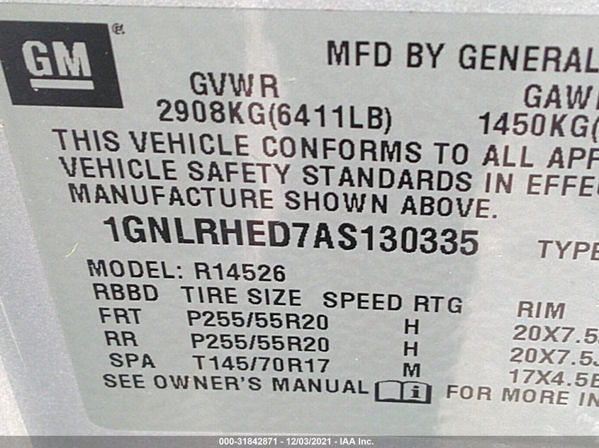 2010 CHEVROLET TRAVERSE VIN: 1GNLRHED7AS130335