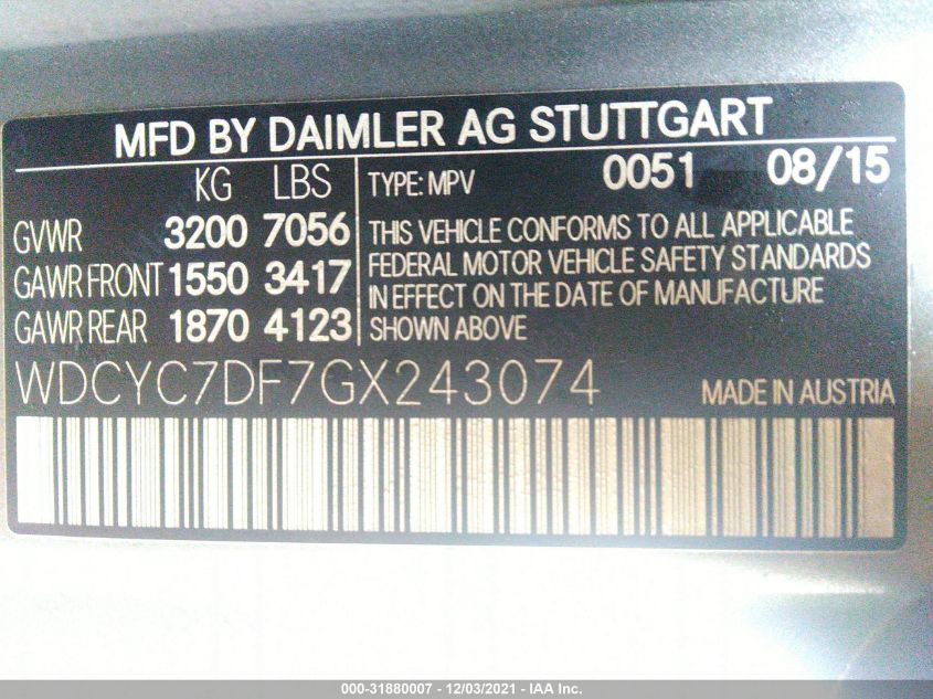 VIN WDCYC7DF7GX243074 2016 Mercedes-Benz G-Class, A... no.9