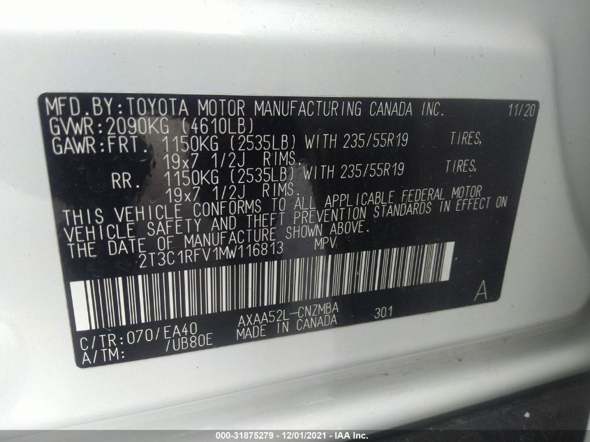 2021 Toyota Rav4 Xle Premium VIN: 2T3C1RFV1MW116813 Lot: 31875279