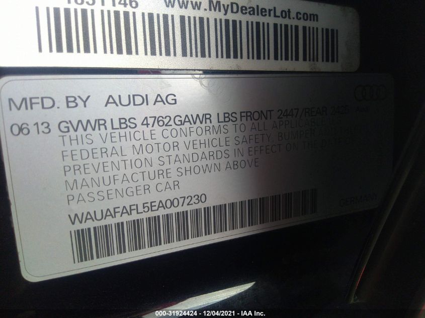 2014 Audi A4 Premium VIN: WAUAFAFL5EA007230 Lot: 31924424