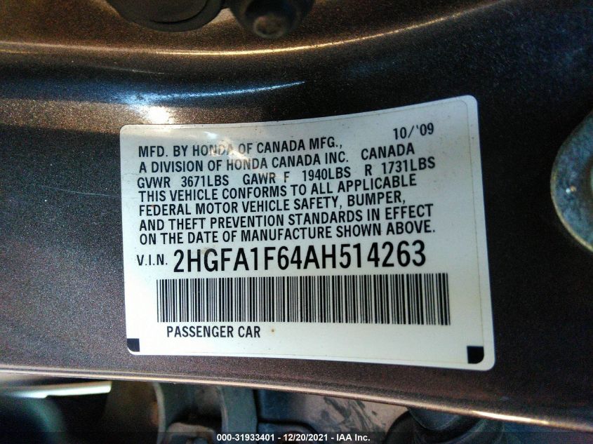 2HGFA1F64AH514263 2010 Honda Civic Lx-S